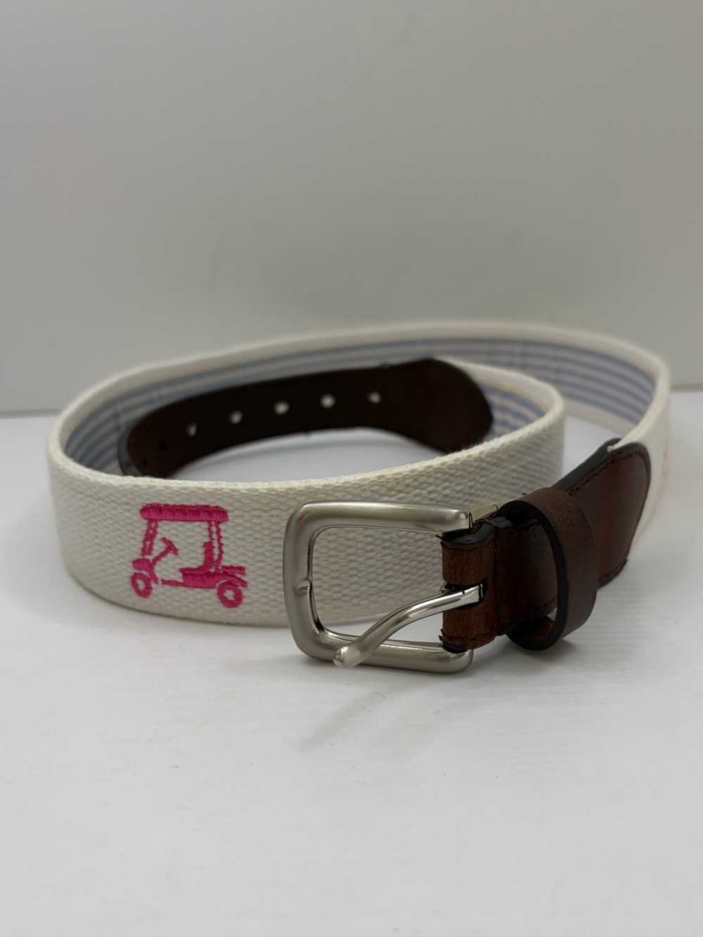 Pink Golf Cart Preppy White Canvas Brown Leather Trim Belt Size Medium